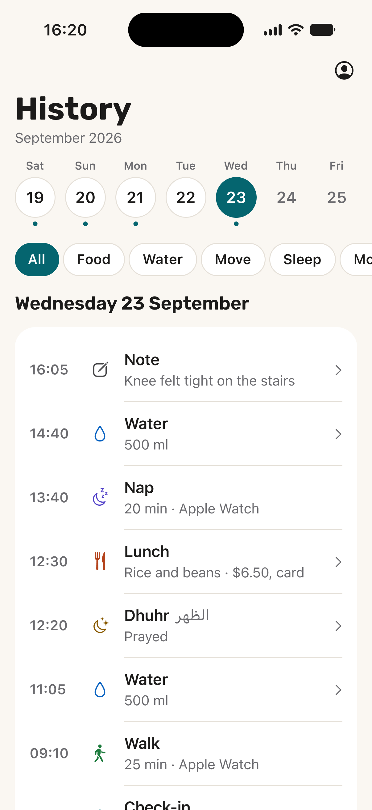 Maalin's History screen for Wednesday 23 September, listing entries with their times and sources, such as a 20-minute nap from Apple Watch.