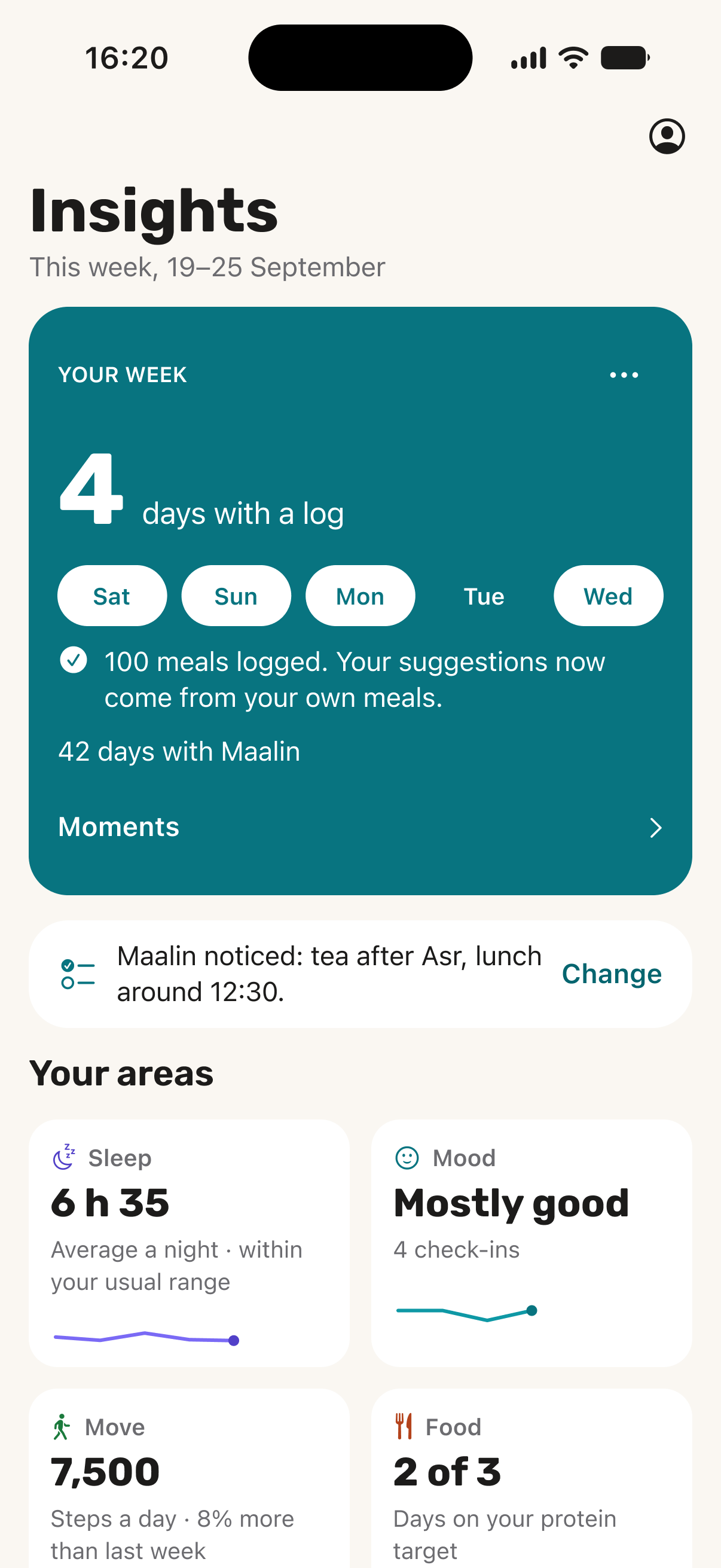 Maalin's Insights screen: your week so far with 4 days with a log, and area tiles for sleep, mood, movement and food.