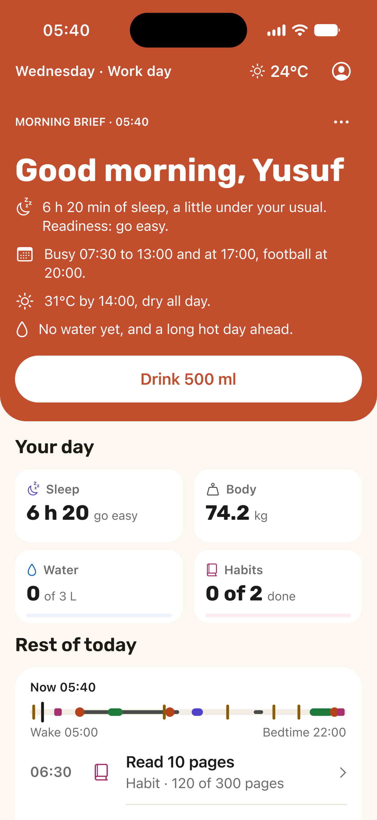 Maalin's Today screen at 05:40: a morning brief for Yusuf with 6 h 20 min of sleep, readiness go easy, a busy day and the next step, Drink 500 ml.